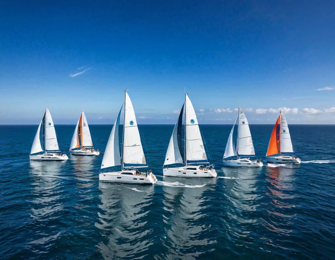 A tranquil seascape featuring various luxury yachts sailing under a clear blue sky, with a focus on a protective shield symbol overlaying the water, representing insurance coverage. Include a diverse group of sailors onboard, showcasing camaraderie and enjoyment. Waves gently lapping against the hulls, with hints of paperwork and contracts subtly integrated into the background, symbolizing the insurance aspect. vibrant colors. super-realistic.