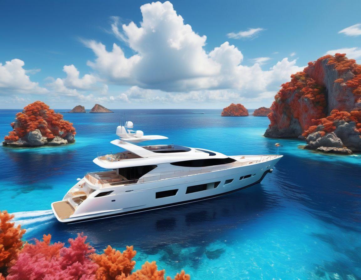 A stylish yacht navigating through crystal clear blue waters, surrounded by vibrant coral reefs and marine life. The yacht features a distinct, modern design with a visible insurance policy booklet on deck, symbolizing tailored protection. The sky is sunny with a few fluffy clouds, and a distant shoreline adds depth to the scene. super-realistic. vibrant colors. 3D.