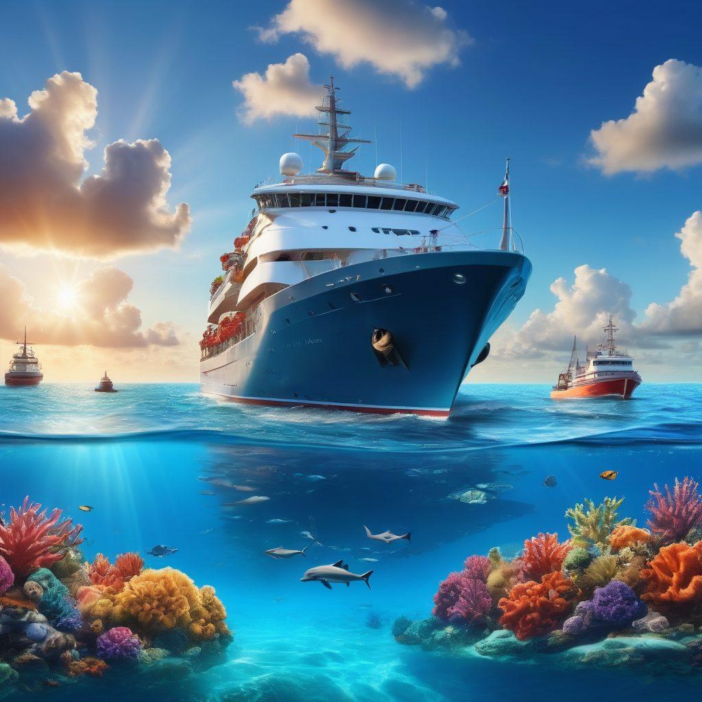 A serene ocean scene depicting various marine vessels like yachts and cargo ships, each with visible insurance policy symbols. In the foreground, a confident family shares a toast on their yacht, while a protective shield symbol overlaps the water, representing safety. The background showcases a bright blue sky with fluffy clouds, hinting at adventure and security. Elements of ocean life, like dolphins and coral reefs, peek through the water, symbolizing the comprehensive nature of marine insurance. super-realistic. vibrant colors. 3D.